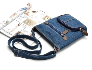 Detail of blue denim crossbody bag featuring double front zip pockets and leather pulls