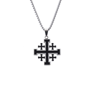 Religious stainless steel Jerusalem cross necklace with black enamel inlay on silver box chain