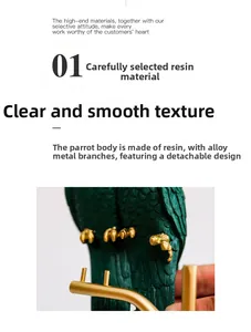 Detail of green resin parrot with textured feathers and detachable golden metal branch