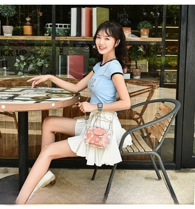 Close-up of clear PVC crossbody bag with daisy prints and cat-ear metal handles