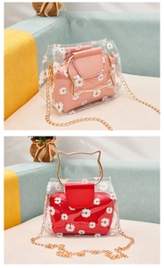 Detail of transparent PVC jelly bags with daisy prints and golden cat-ear handles