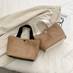 Woven Handbag Summer Straw Beach Tote With Magnetic Button Vintage Contrast Color Vacation Style For Women
