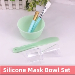 Close-up of silicone face mask bowl set with spatula brushes and measuring spoon