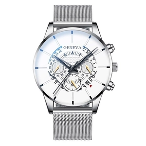 Silver Geneva men's watch with stainless steel mesh band and white multi-dial chronograph