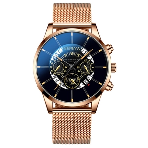 Geneva men's quartz watch with blue dial, rose gold mesh strap, and three-eye calendar