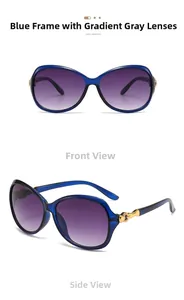 Detail view of oval blue sunglasses with gradient lenses and gold metal accents