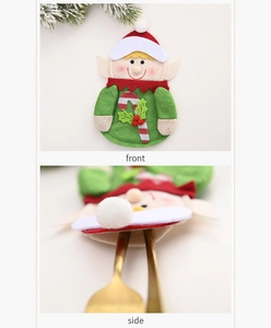 Detailed views of red and green Christmas elf cutlery holders with candy cane design