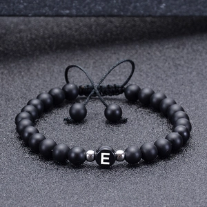 6mm matte black onyx beads bracelet with letter E charm and adjustable woven cord