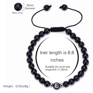 6mm matte black onyx beaded bracelet with letter E charm and adjustable woven cord strap