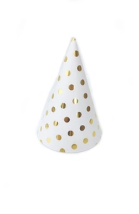 Detail shot of white party hat featuring metallic gold polka dots and cone shape