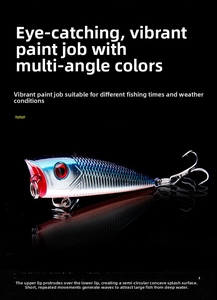 Close-up of colorful popper fishing lure with unique water-splashing mouth and metal hook