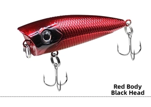 Detailed macro view of the Red Body Black Head popper lure with metallic scale texture