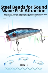 Popper fishing lure with internal steel balls for sonic attraction and blue scales finish