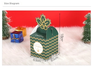 Detailed size view of dark green Christmas gift box with golden waves and Merry Christmas text