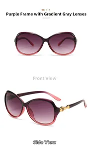 Detail of purple gradient frame sunglasses with golden heart-shaped metal accents