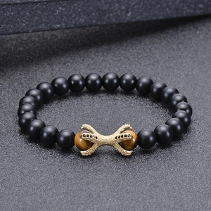 Natural matte agate beaded bracelet with tiger eye stones and golden octopus claw charm