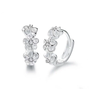 Elegant silver flower hoop earrings with sparkling zircon gemstones for women