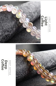 Detailed macro view of 8mm light and deep coffee frosted crystal glass round beads