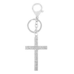 Silver vintage cross keychain with white rhinestones and metal loop on white background