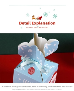 Detail of Christmas gift box made of food-grade cardboard with blue ribbon and Santa graphics