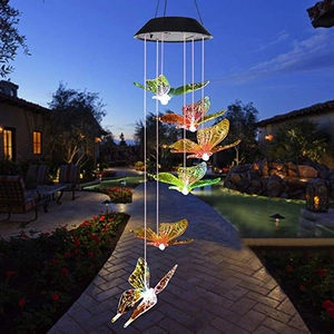 Solar powered wind chime with six glowing color-changing butterflies for garden decor