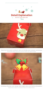 Détail d'une boîte cadeau de Noël avec motif renne de dessin animé sur carton rouge