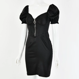 Front view of black satin mini dress featuring puff sleeves and a sleek zipper chest detail