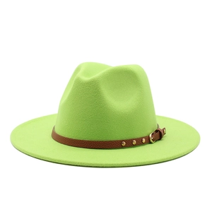Neon green wool fedora jazz hat with a brown studded leather band and wide flat brim
