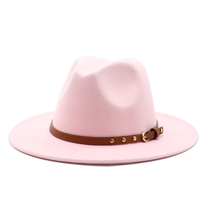 Light pink wool fedora hat with a brown leather belt buckle band for women and men