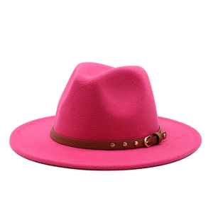 Classic fuchsia wool fedora hat with a studded leather band for men and women