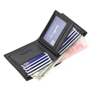 Slim horizontal bi-fold men's wallet in black textured leather with multiple card slots