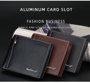 Three men's leather wallets in black, dark brown, and brown with striped detail