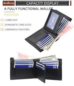 Internal layout of slim black faux leather wallet with card slots and ID window