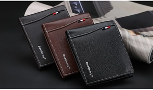 Detailed view of slim wallets with contrast stitching and decorative stripe detail