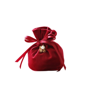 Red velvet wedding candy bag with silk bow and pearl gold double happiness charm