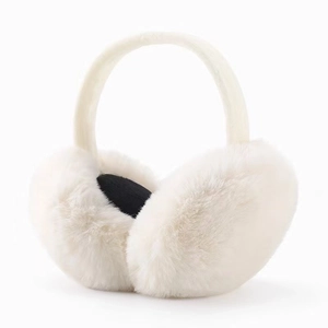 Foldable plush winter earmuffs for women in cream white with soft faux fur texture