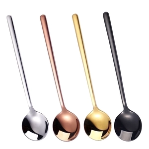 Set of four stainless steel long handle spoons in silver rose gold gold and black finish
