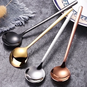 Polished stainless steel round coffee spoons set in black, gold, silver, and rose gold