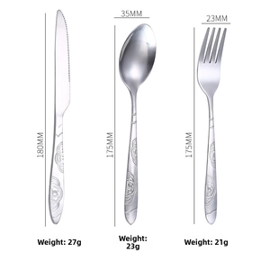Detailed dimensions of stainless steel cutlery set with engraved vintage handles