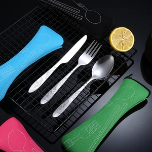 Portable stainless steel cutlery set with patterned handles and four neoprene travel pouches