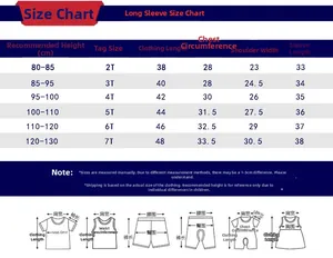 Detailed size chart for boys long sleeve t-shirt including measurements for ages 2 to 7