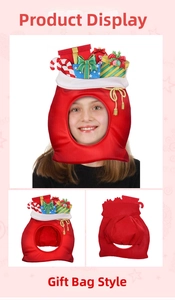 Detail of Christmas gift bag headgear with plush candy cane and blue gift box decor