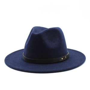 Close-up of wool felt fedora hat featuring a black decorative band and gold metal rivets