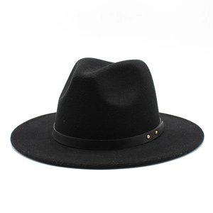 Classic black wool fedora hat with wide brim and leather belt with gold studs decoration
