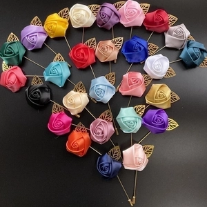 Handmade satin rose lapel pins with golden leaves for men's suits in various colors