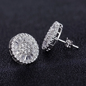 Silver round cluster stud earrings with zircon floral arrangement on black background