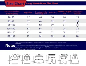 Guide des tailles détaillé pour robe princesse manches longues fille de 80cm à 130cm