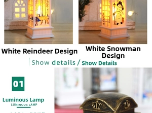 Gedetailleerd overzicht van witte kerstdecoratielantaarns met eland- en sneeuwmanpatronen