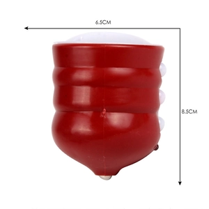 Detailed view of red LED spinning top toy with dimensions of 6.5cm width and 8.5cm height