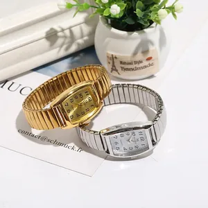 Classic rectangle quartz watch with elastic expansion band in gold and silver finish